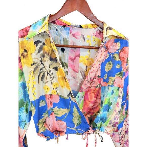 ZARA Shirt, Satin Multicolored Longsleeve Wrap shirt with Ties NWOT - Picture 7 of 12